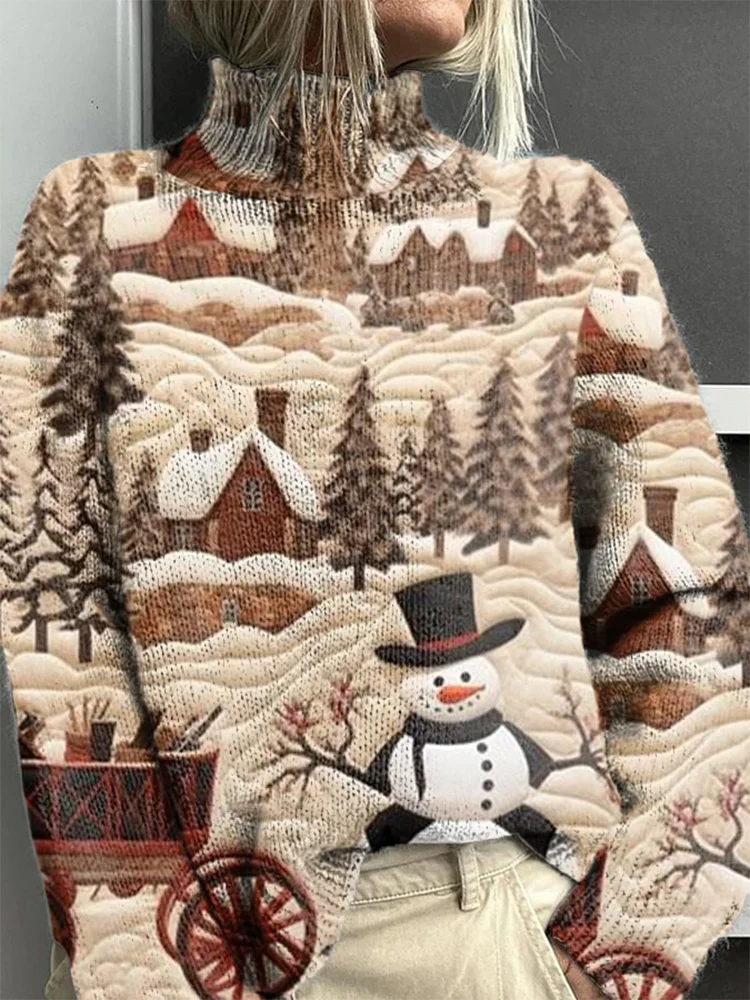 Women's Christmas Elk Printed Knitted Turtleneck Pullover