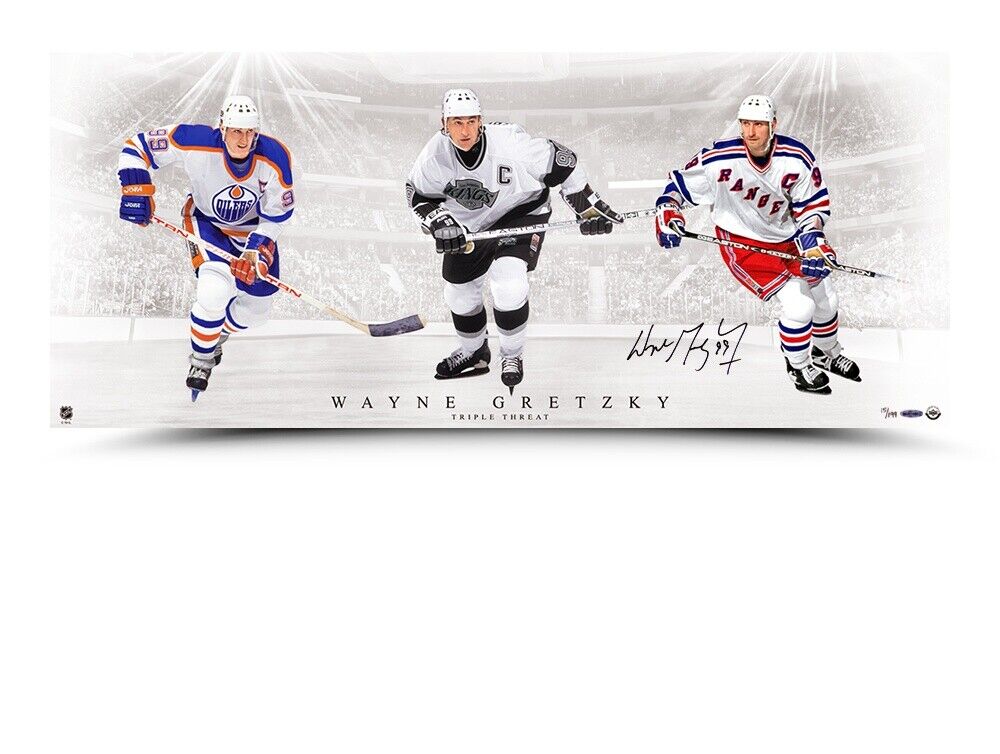 Wayne Gretzky Signed Autographed 36X15 Photo Poster painting Triple Threat Oilers Kings /199 UDA