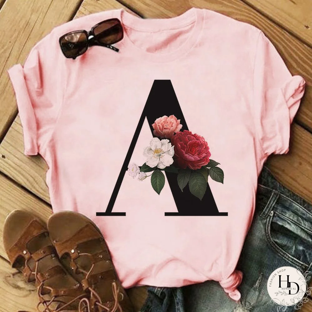 26 Letter Alphabet A-Z Women T-Shirts Fashion Breathable Flowers Short Sleeve Casual Tops Couple Basic Tee Crew Neck Clothes Top