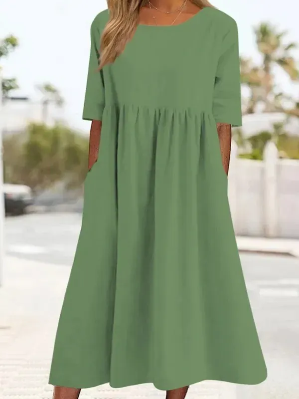 Brownm Brownm Cotton-Sleeved Short-Sleeved Pocket Folded Loose Round-Neck Dress In Summer 2025