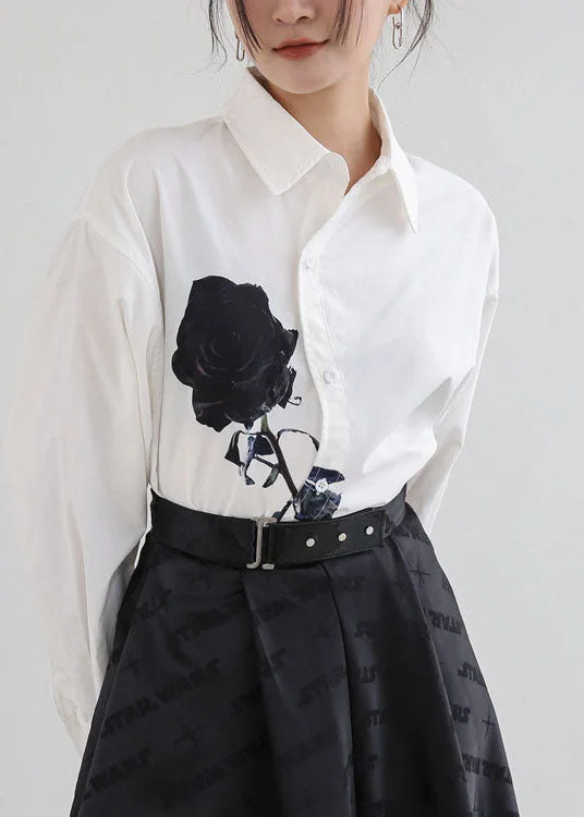 DIY White Peter Pan Collar Rose Print Cotton Shirt Tops Springs