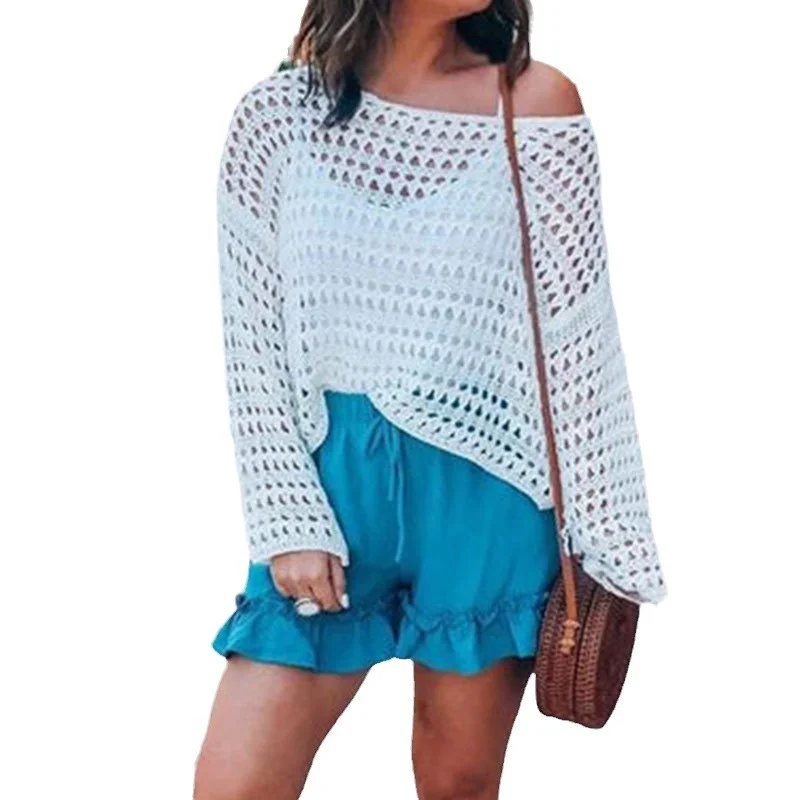 Athvotar Athvotar Hollow Bikini Burqa New Hot White Knitted Loose Beach Blouse Sunscreen