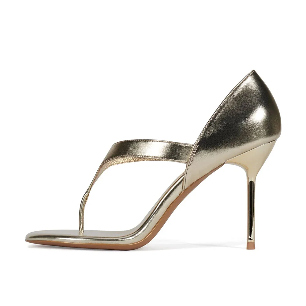 Champagne Metallic Round Toe Stiletto Heel Flip Flops Women's Sandals