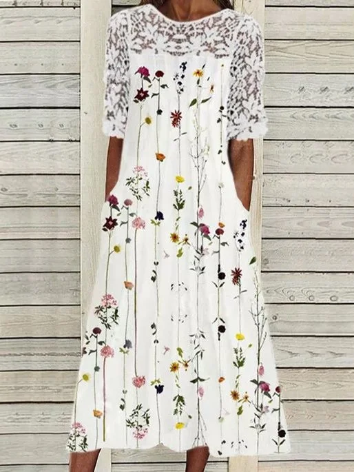Cotton-Blend Floral Boho Loose Midi Dress
