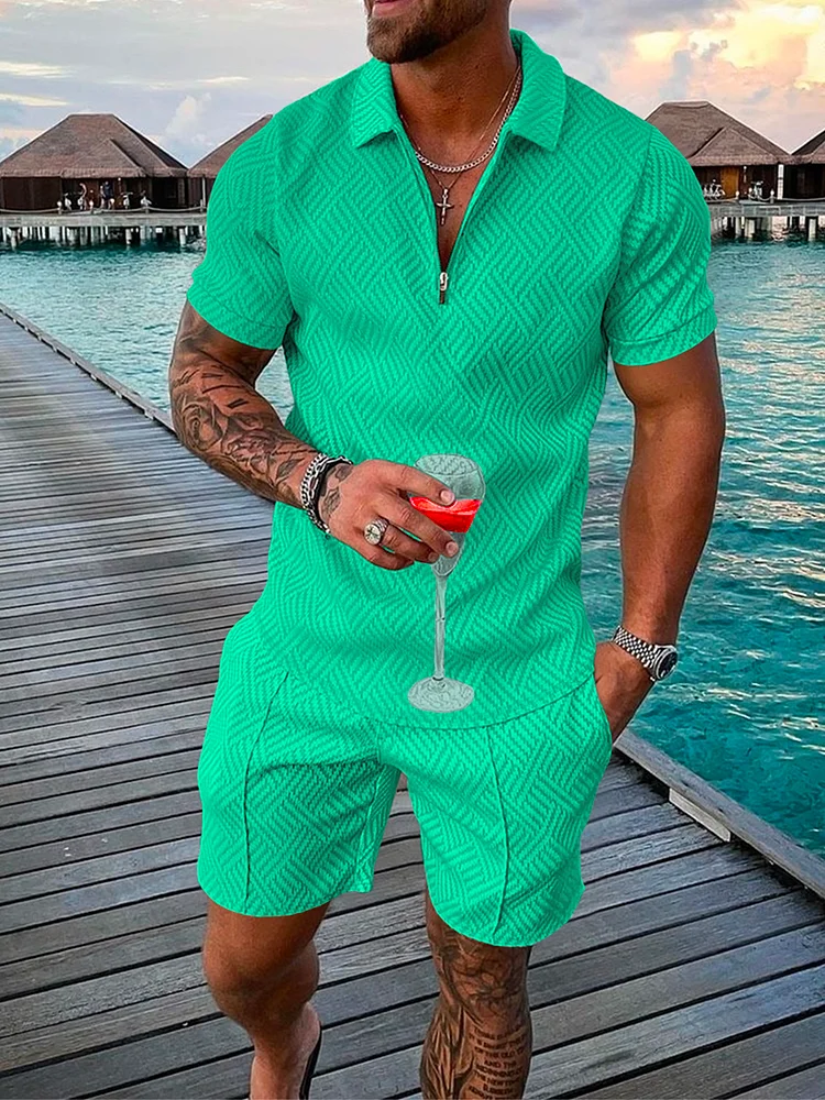Men's Vacation Style Mint Green Lapel Polo Suit