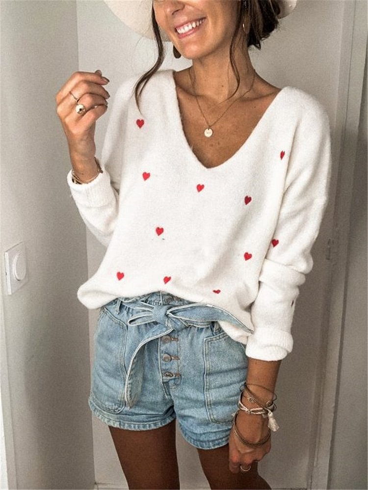 Mayoulove V neck women red heart-shaped pattern sweater-Mayoulove
