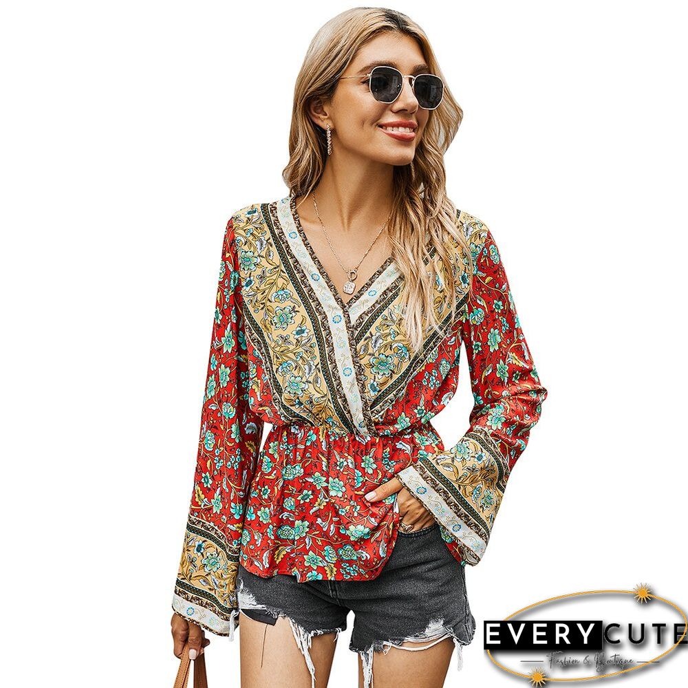 Sale New Women V Neck Floral Print Vintage Tops Women Retro Print Shirt Autumn Long Sleeve Blouse Loose Tops Blouse D30