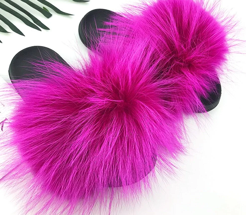 Vstacam  Women Fur Slides Fluffy Fox Fur Slippers Soft Flat Home Slippers Raccoon Shoes Indoor Flip Flops Woman Furry Fur Sandals