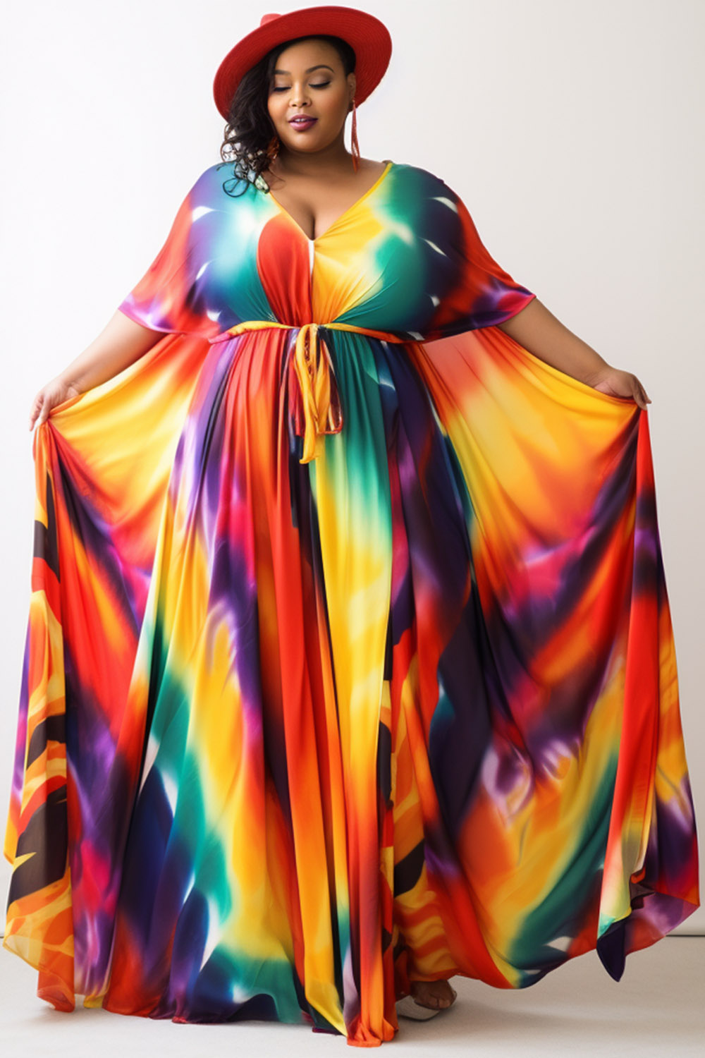 Design Plus Size Beach Rainbow Tie Dye Spring Summer V Neck Half Sleeve Wrap Knitted Maxi Dresses [Pre-Order]