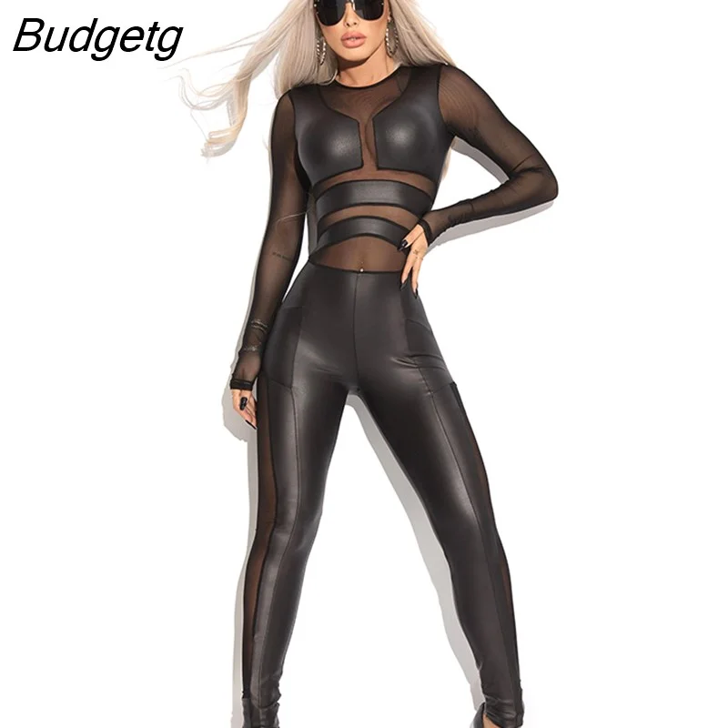 Budgetg Split-Joint Mesh Round-Neck Wrap Sports Jumpsuits Women Fashion Sexy See Through Sportswear Jump Suit For Women