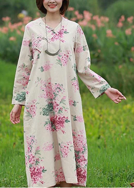 Loose Print Clothes V Neck Chinese Button Robes Spring Dress