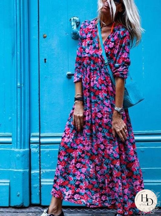 Dresses Vintage Print V-Neck Long Sleeve Dress for Women