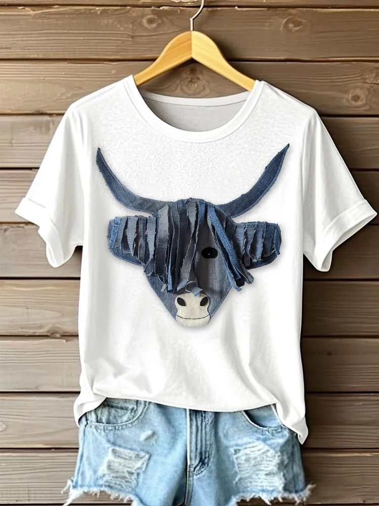 Utbros Women's Denim Highland Cow Portrait Art Print Short Sleeve Casual T-shirt