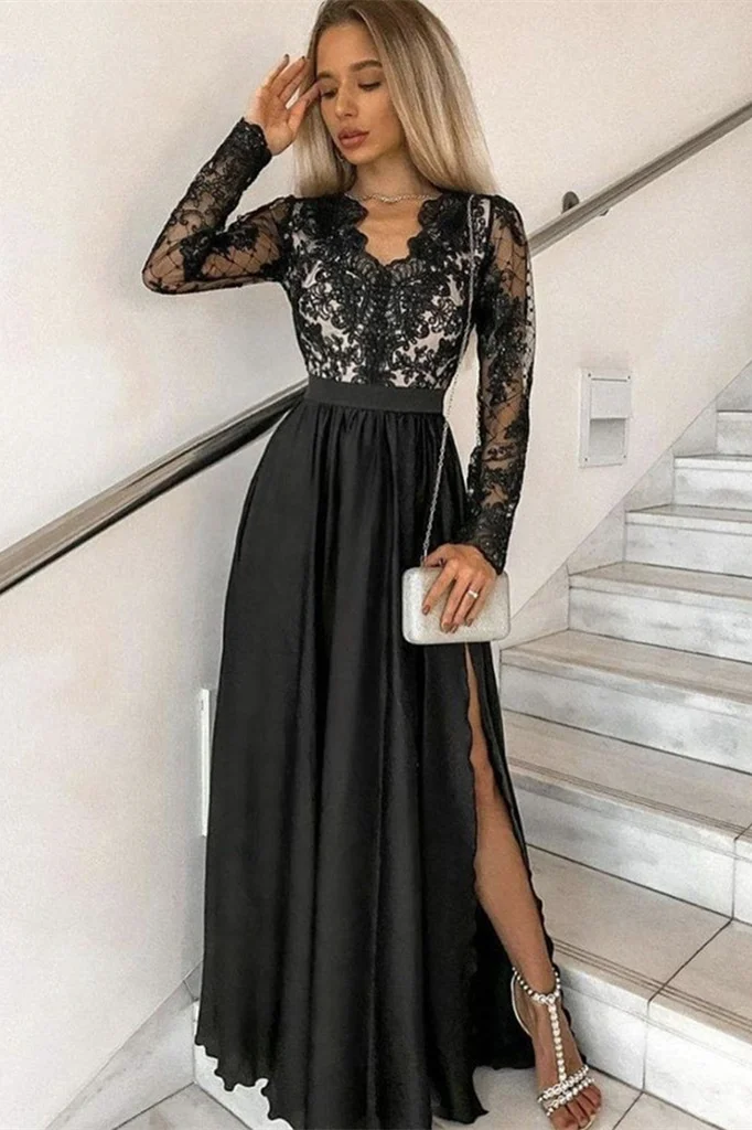 Black Long Sleevs Split Prom Dress PD0398
