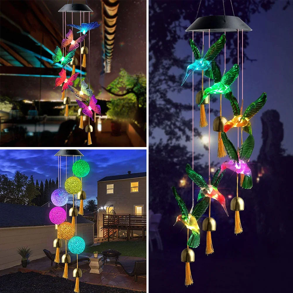 Solar Butterfly Wind Chime Night Light Outdoor Garden Decor