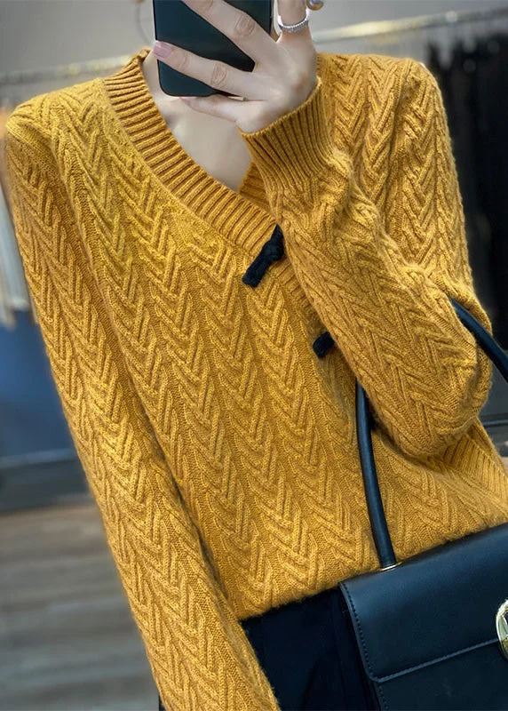 Chinese Style Yellow V Neck Oriental Button Wool Sweater Spring