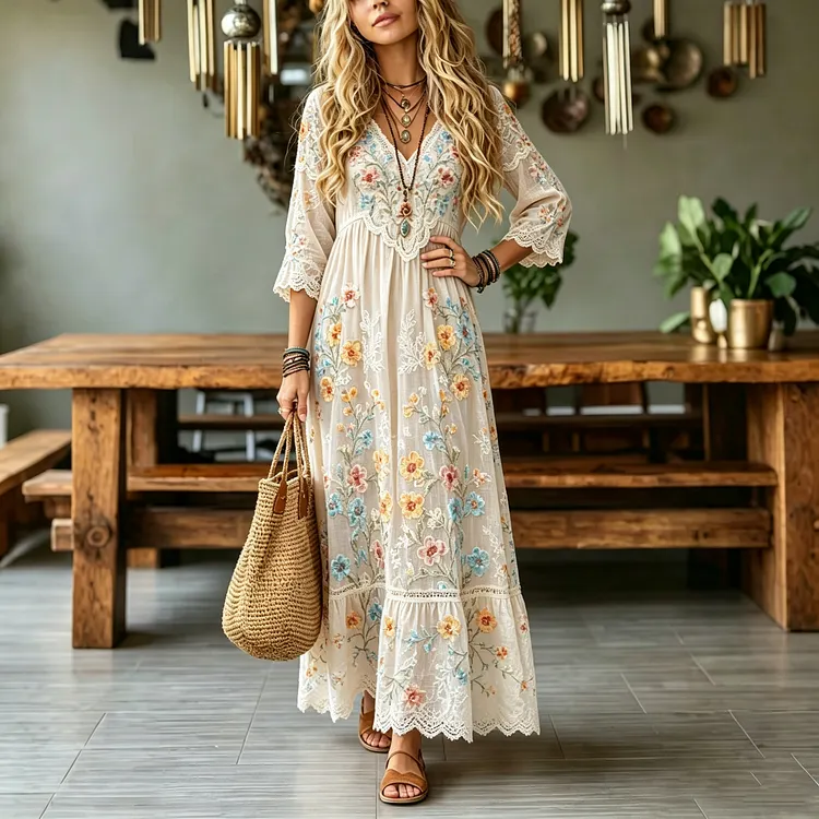 Women's Retro Vacation Floral Lace Cotton Linen Long-sleeved Dress