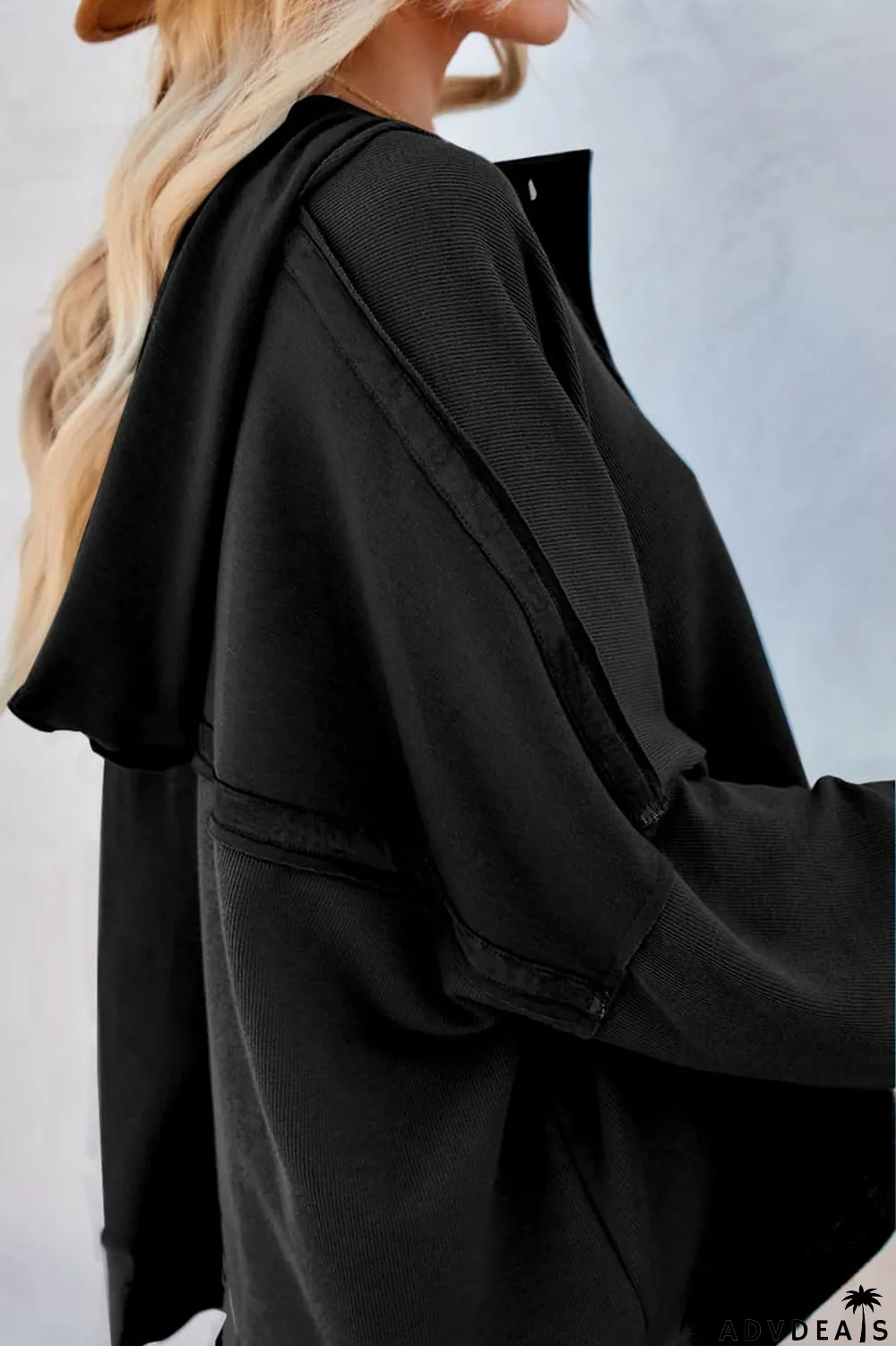 Black Casual Button Solid Patchwork Trim Hoodie