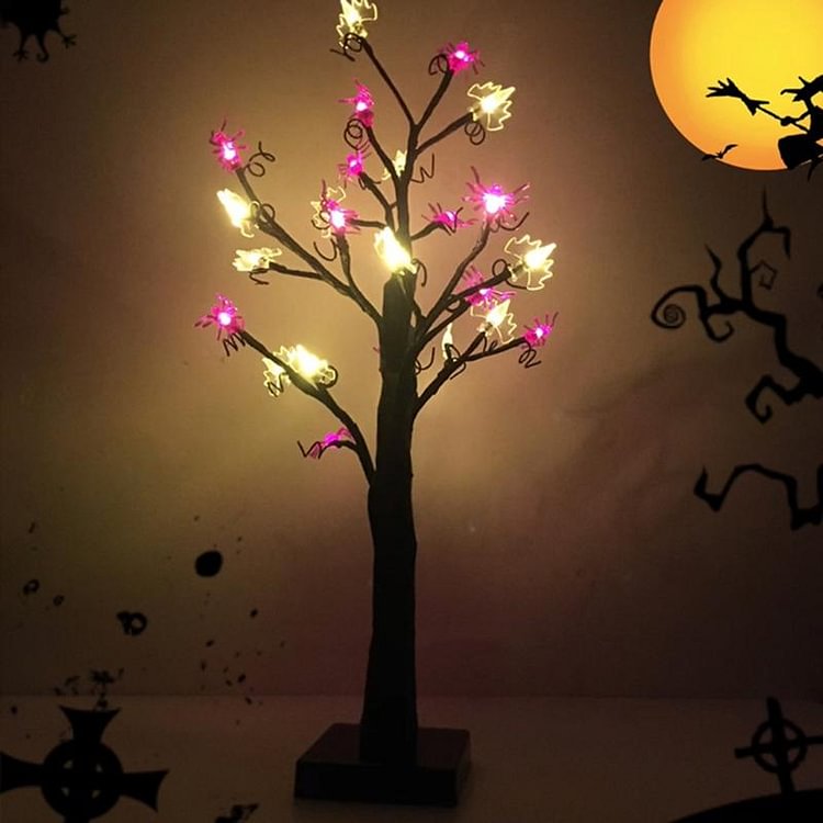 18 Inch Spooky Spider Bat Tree Light With 24 LED Lights For Halloween Decoration