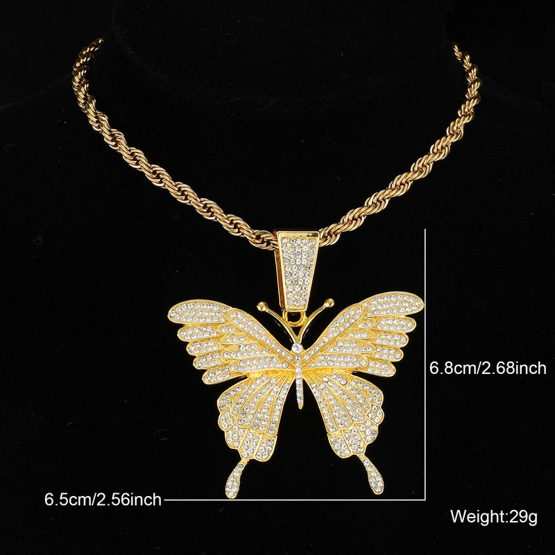 Hip-hop Butterfly Stainless Steel Alloy Inlay Rhinestones Women’s Pendant Necklace