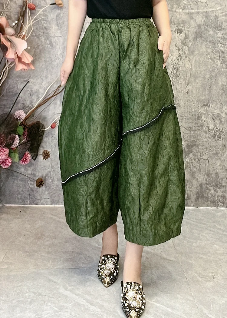 Original Green Jacquard Patchwork Asymmetrical Crop Wide Leg Pants Summer