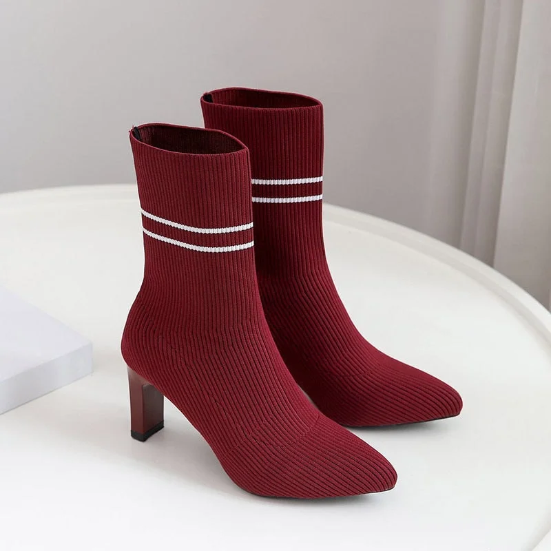Sexy Knitting Boots High Heels Dress Shoes 2020 New Pointed Toe Fashion Booties Black Striped Stretch Fabric Botas Mujer
