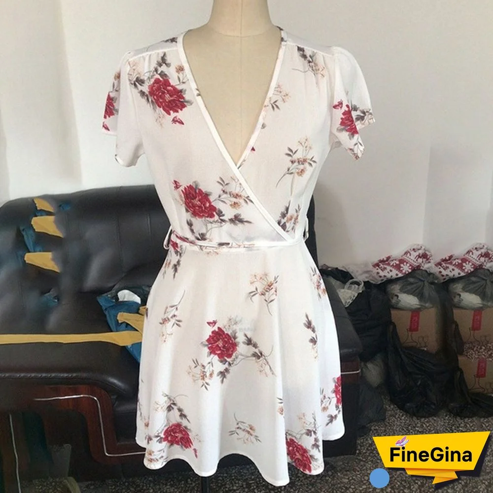 Women Fashion Casual Short Sleeves Floral Printed Beach Short Mini Dress