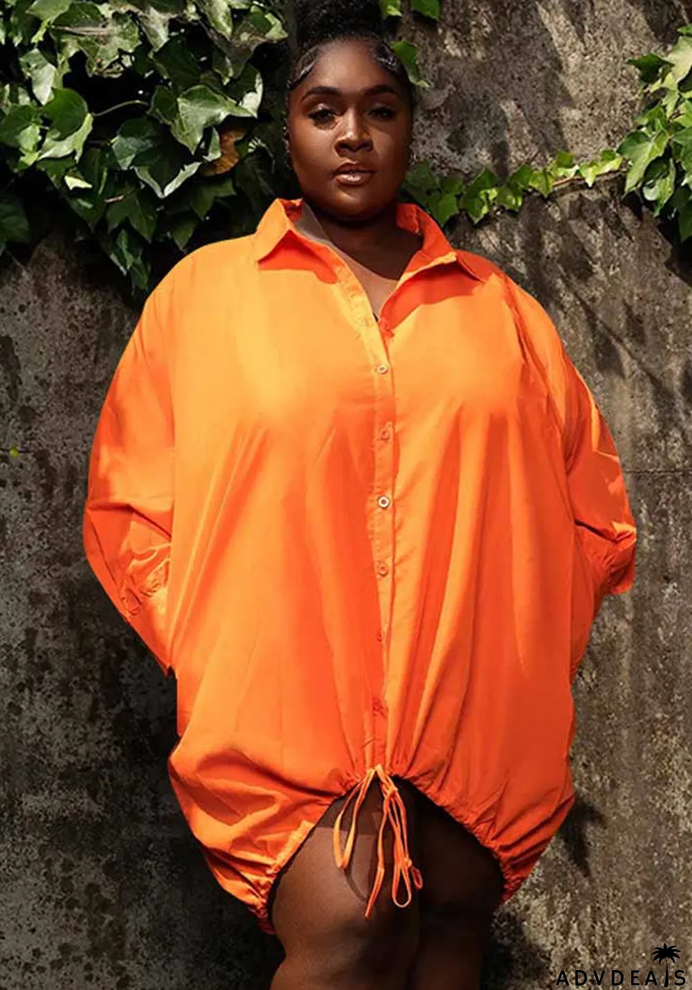 Solid Long Sleeve Loose Drawstring Shirt Plus Size Dress