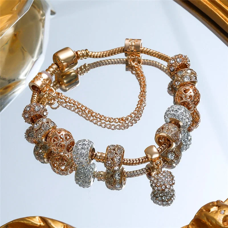 Trendy Female White Crystal Bracelet Charm Gold Color Chain Bracelets For Women Cute Love Heart Zircon Wedding Bracelet