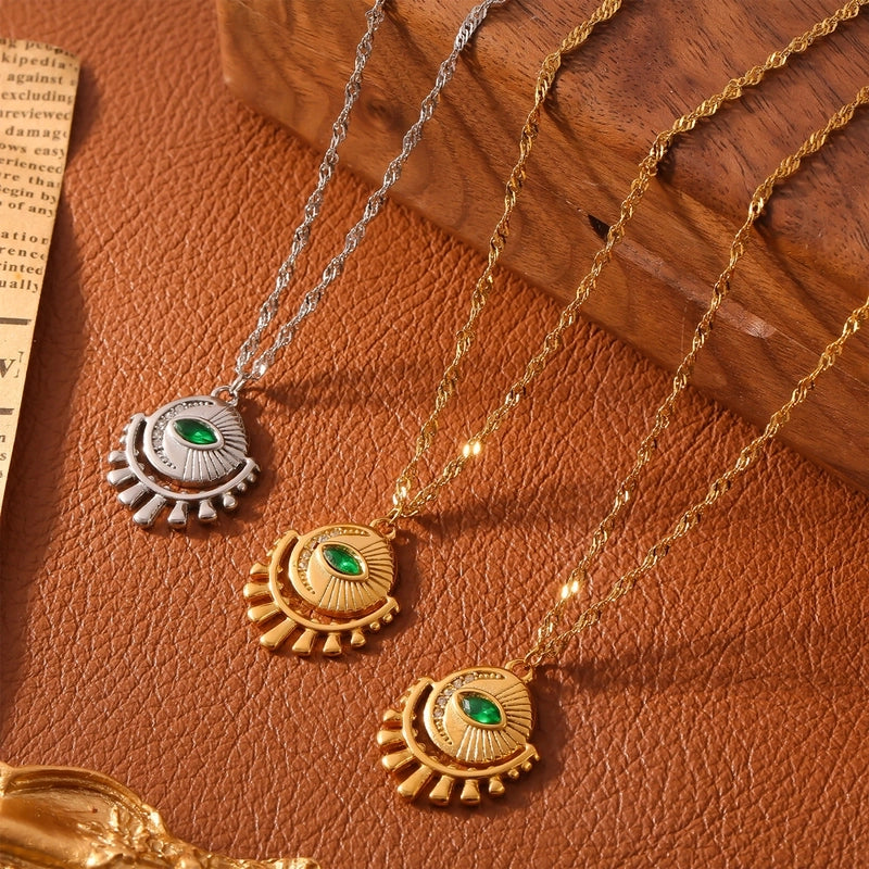 Retro Minimalist Round Eye 304 Stainless Steel Zircon 18K Gold Plated Inlay Pendant Necklace
