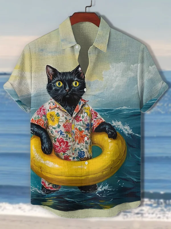 Men's Vacation Black Cat Swimming Oil Painting Print Short Sleeve Shirt