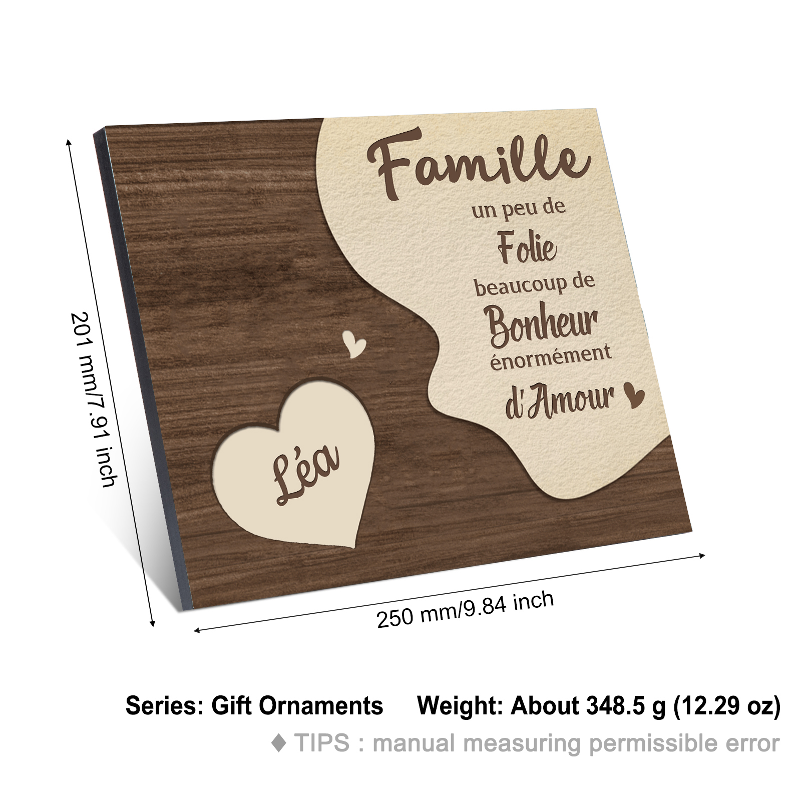 Cadre en Bois Cœur 1 Prénoms Personnalisés pour Famille