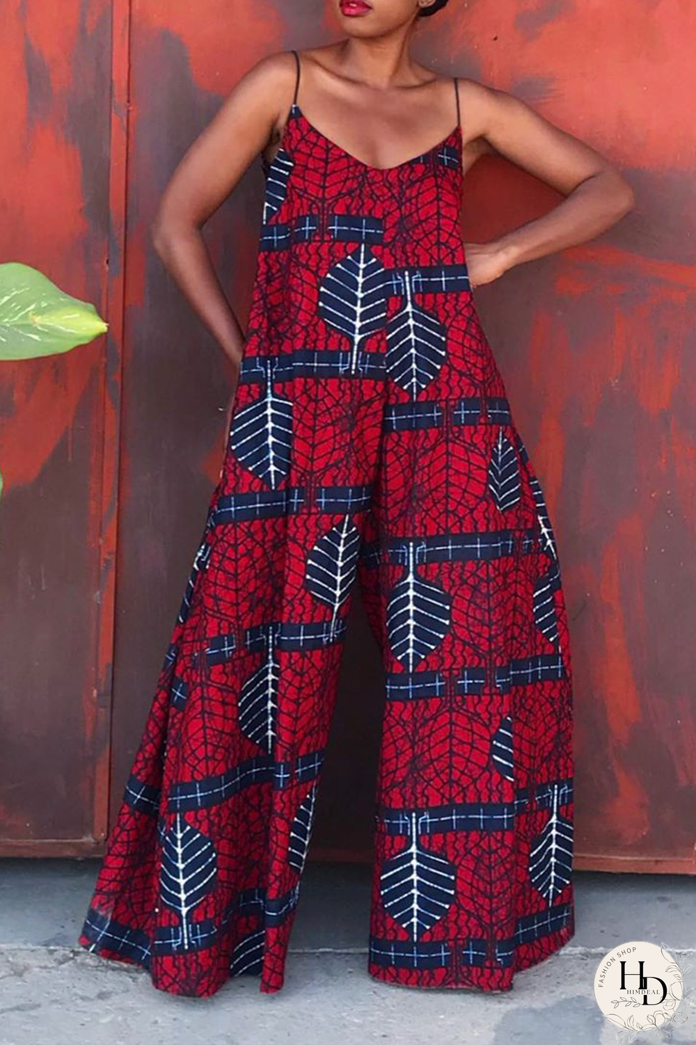 Yellow Casual Print Split Joint Spaghetti Strap Straight Jumpsuits