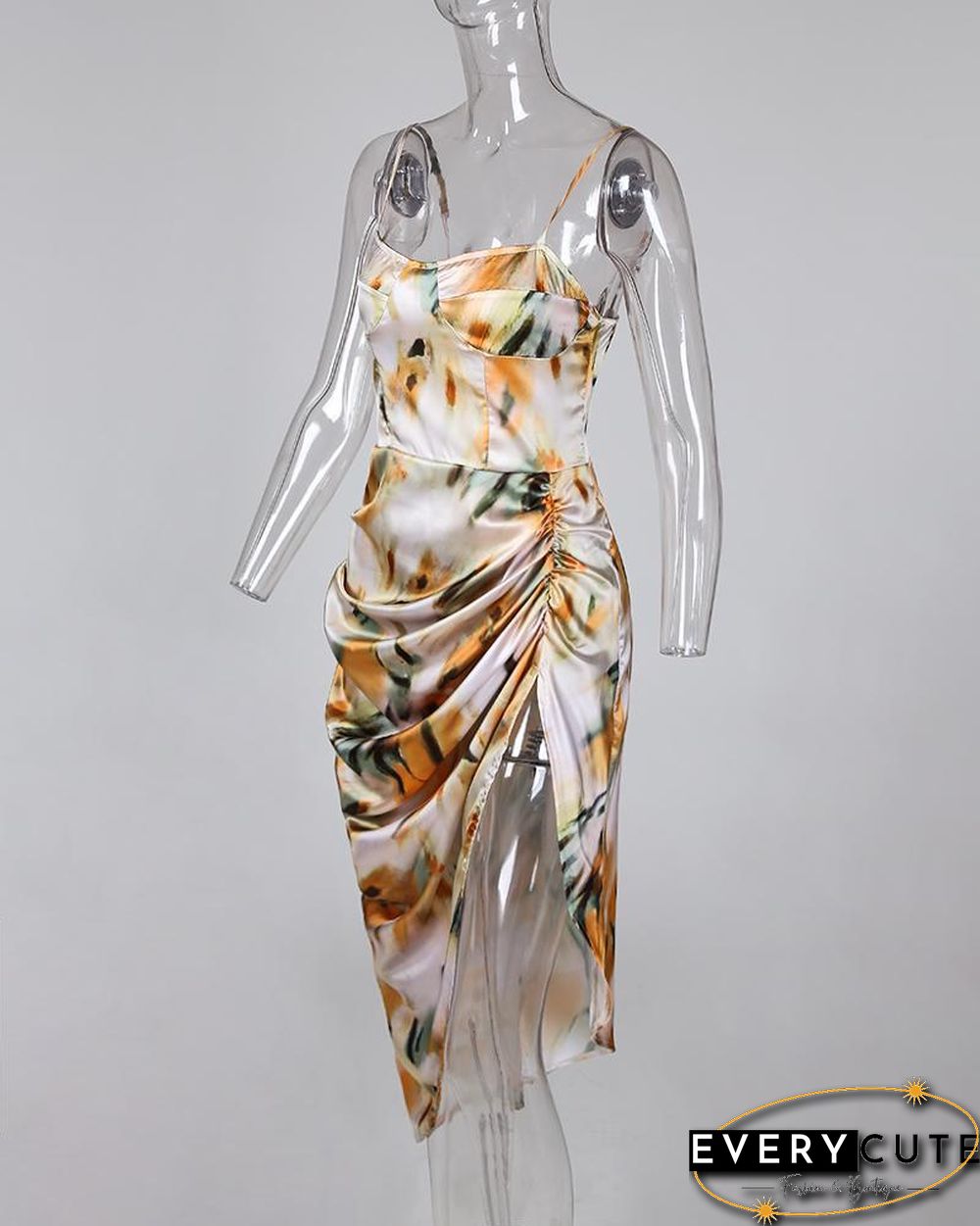 Abstract Print Spaghetti Strap High Slit Ruched Dress P10026