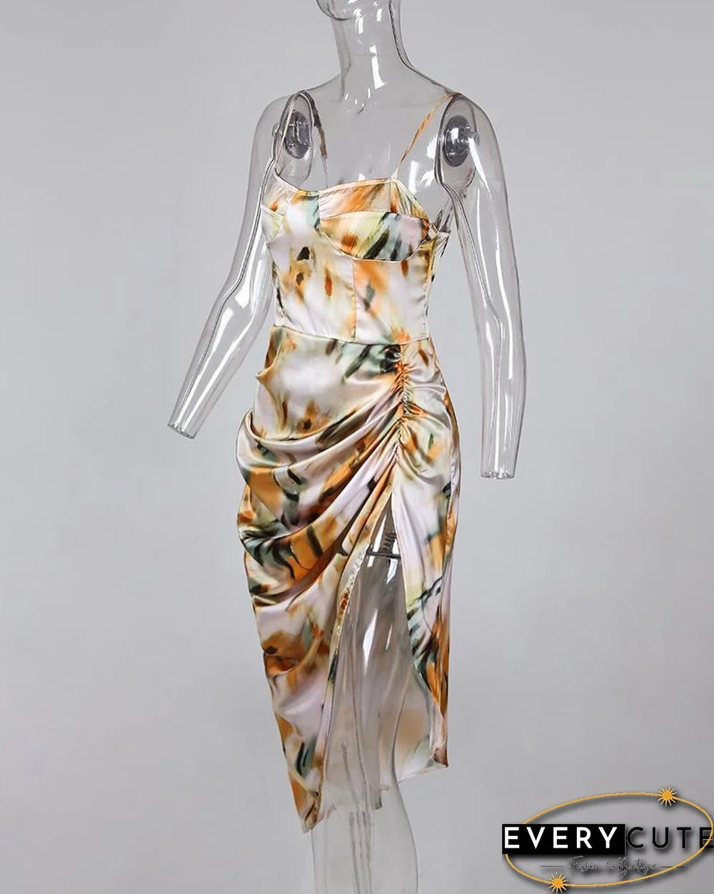 Abstract Print Spaghetti Strap High Slit Ruched Dress P10026