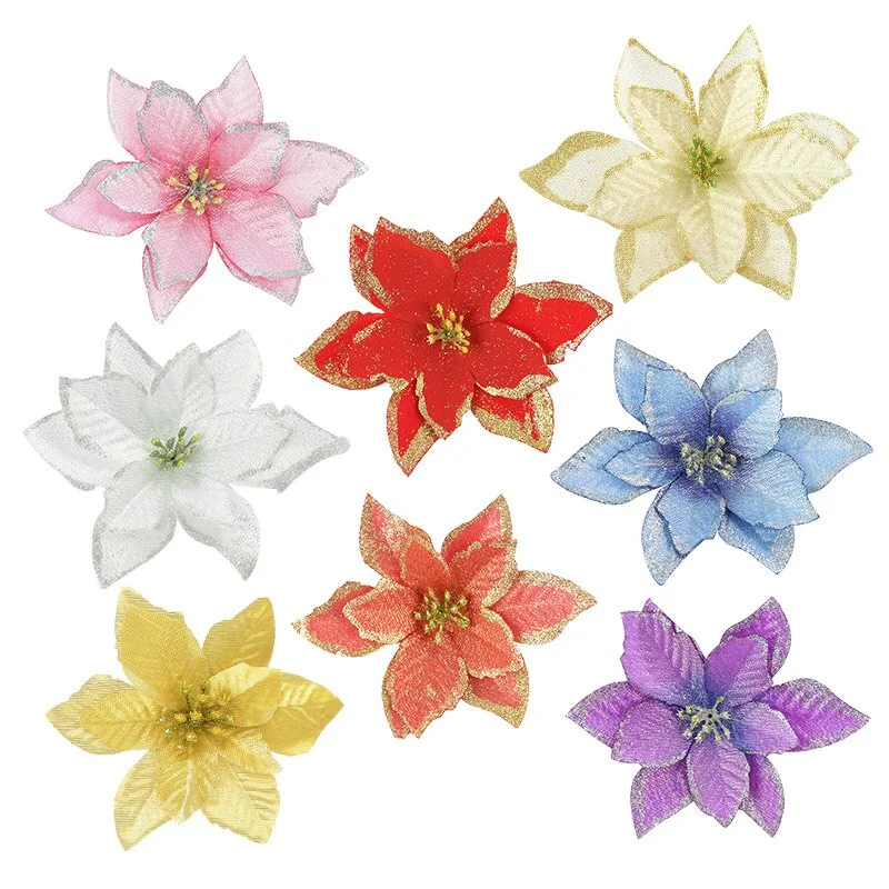 5/10Pcs 13cm Glitter Artificial Flowers For Christmas Tree Decoration DIY Christmas Ornaments Home Wedding Xmas Party Decoration