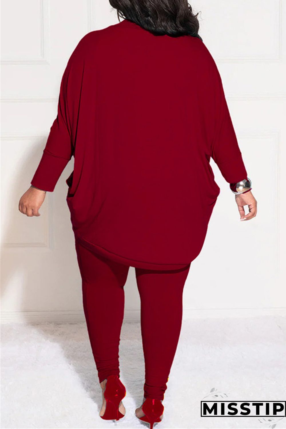 Burgundy Casual Solid Cardigan Pants Cardigan Collar Plus Size Two Pieces