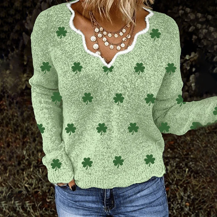 VChics Women's St. Patrick's Shamrock Print Shell Collar Cozy Knit Sweater