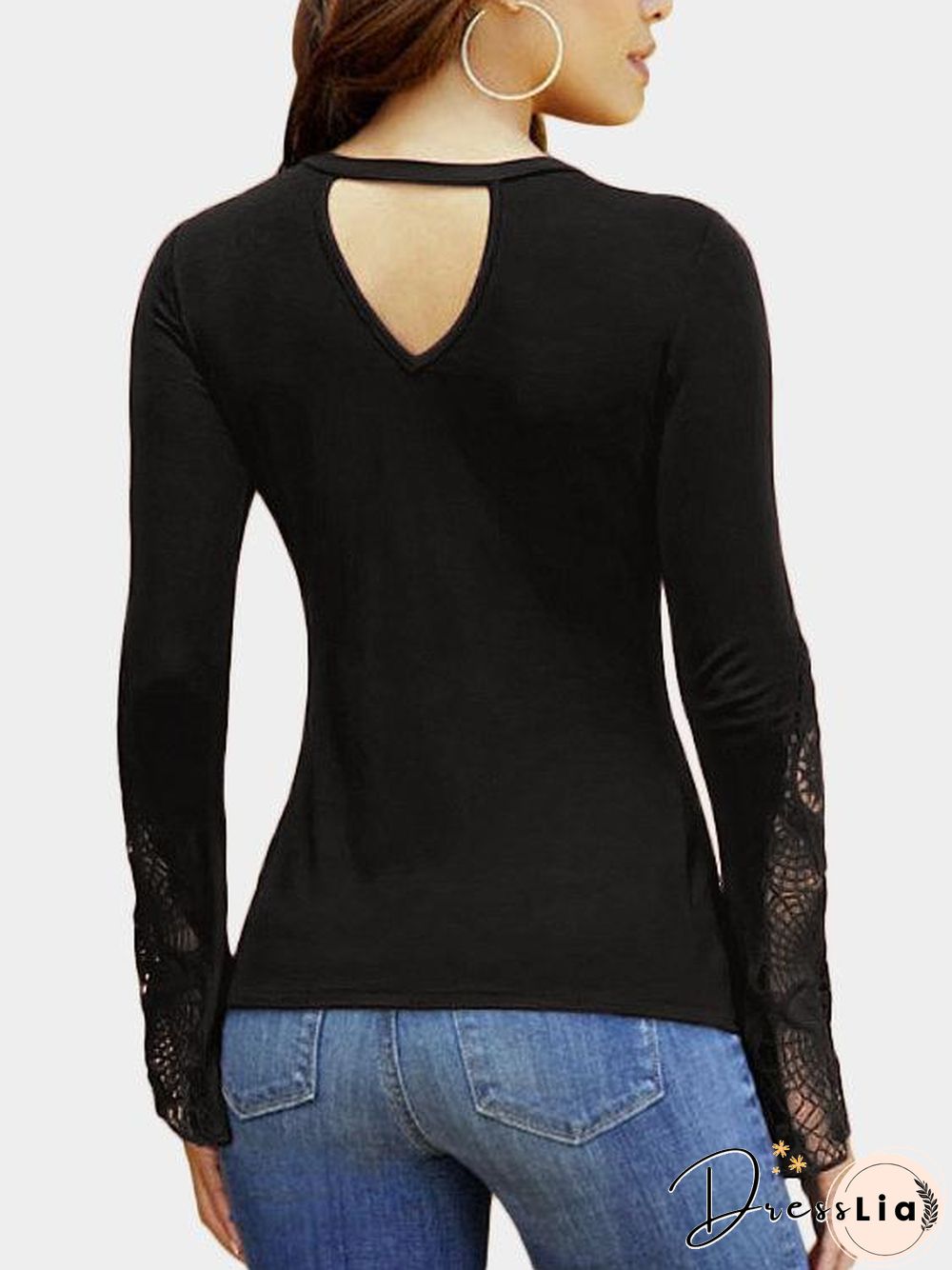 Black Lace Detail Twist Knot Design V-Neck Long Sleeves Blouse