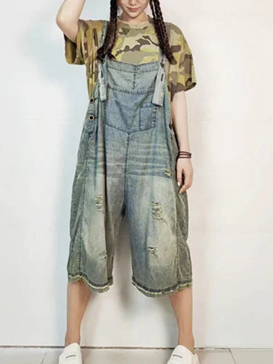 Women's Retro Washed Distressed Loose Pockets Jumpsuit