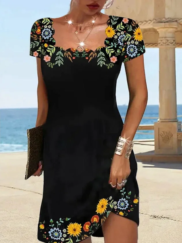 Brownm Summer Fluted Collar Printed Short-sleeved Dress Dresses