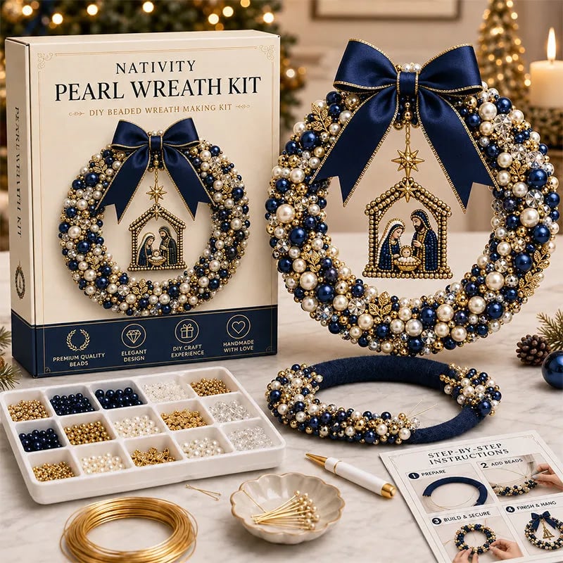 Nativity Pearl Wreath Kit in navy ivory and gold
