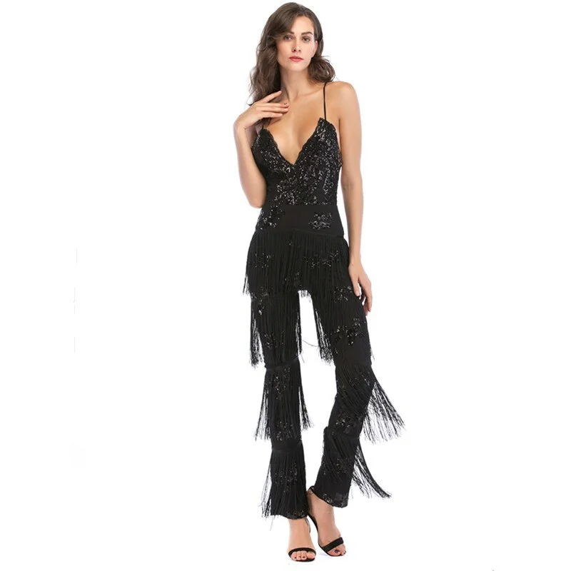 Uveng V neck Sequins Summer bodysuit women one piece Backless tassel body femme rompers womens jumpsuit Bandages Tassel Overalls