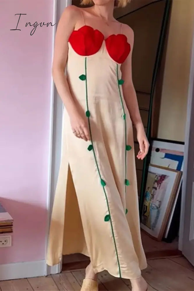 Sexy Floral Patchwork Contrast V Neck Sling Dresses Cream White / S Dresses/Casual