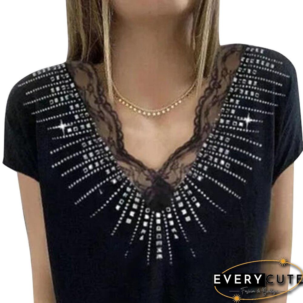 Women's Lace Splicing Deep V-Neck Tops Sequin Print Short Sleeve Blouse Tee Y2K Solid Casual Shirts Summer Chic Ladies Tops D30