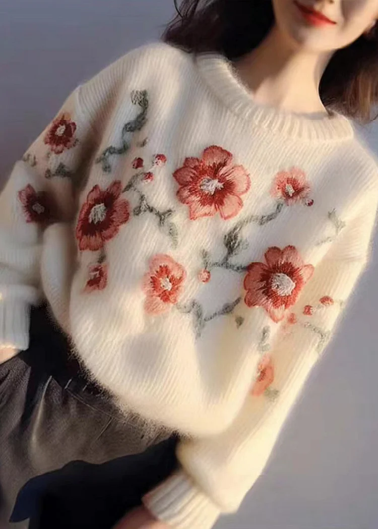 Women Apricot Embroideried Patchwork Cozy Cotton Knit Sweater Winter