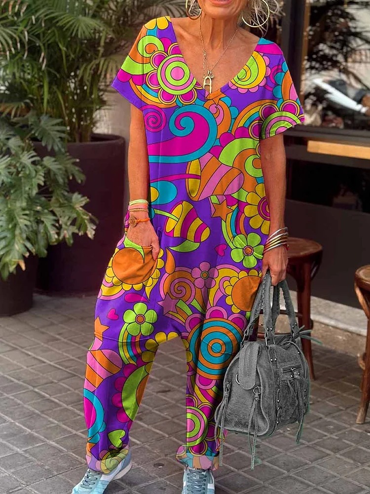 Women's Hippie Print Casual 100% Cotton Wide Leg Jumpsuit