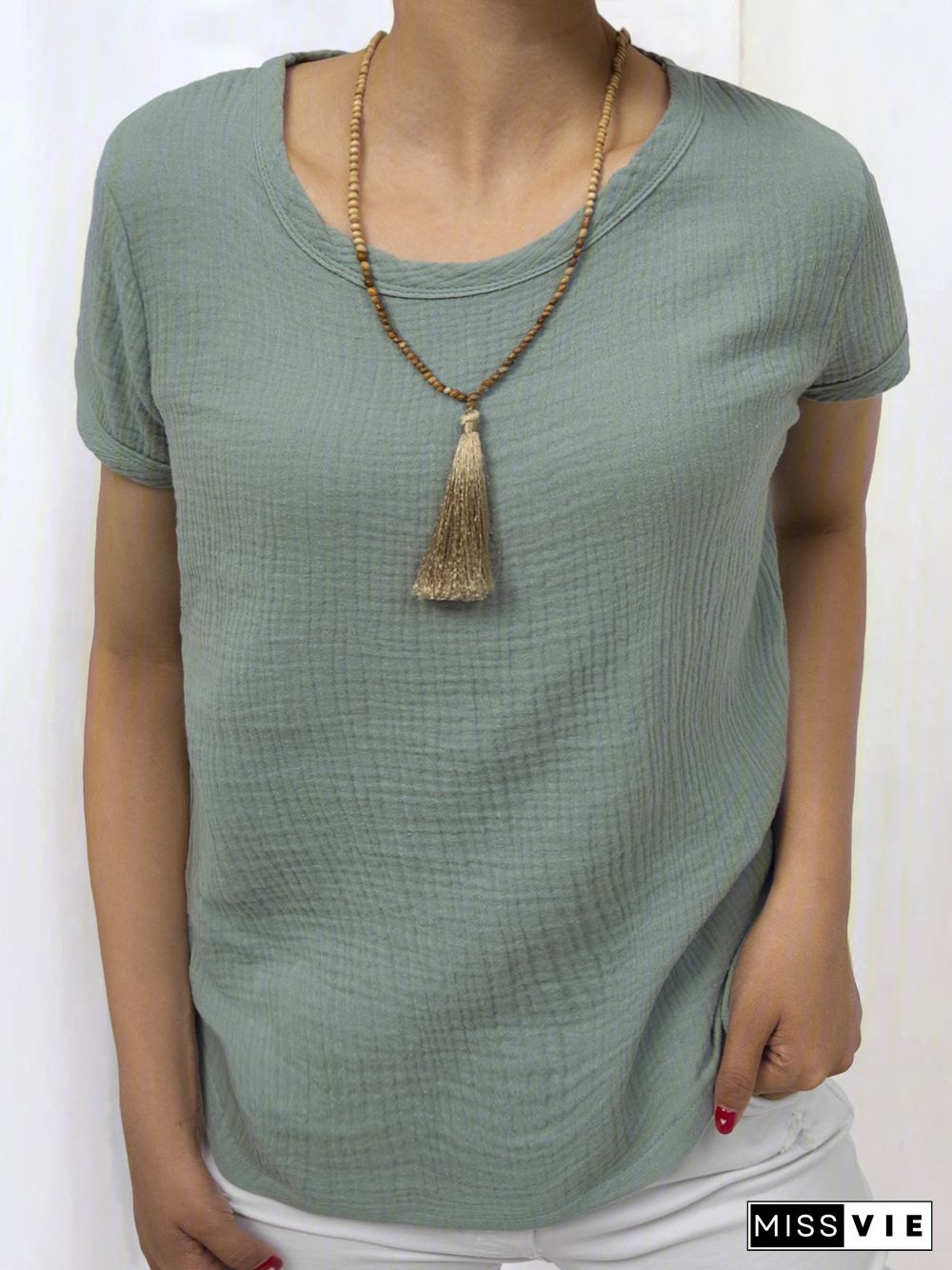 Women Casual Linen Cotton Plain Short Sleeve Blouses