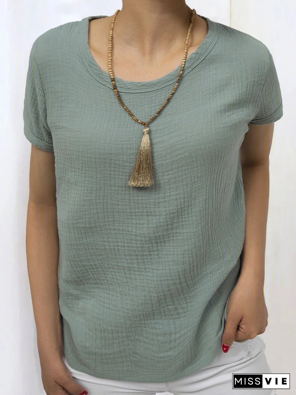 Women Casual Linen Cotton Plain Short Sleeve Blouses