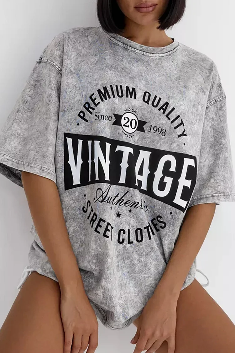 Round Neck Half Sleeve Letter Print Loose Fit Casual T-shirt-Grey